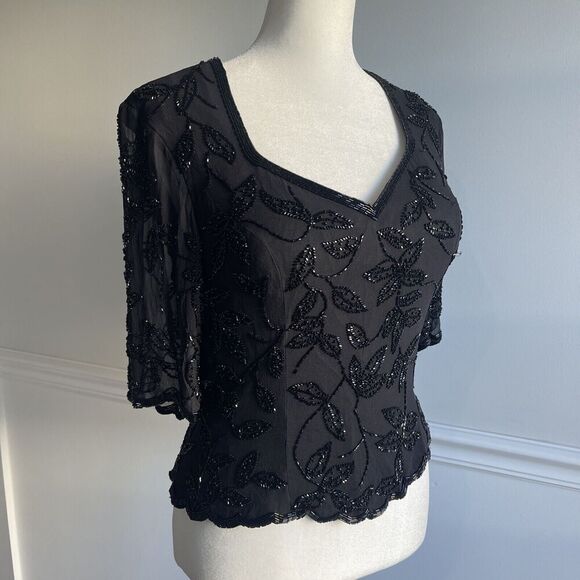 Vintage Small Beaded Black Blouse Sheer Sleeve Goth Steampunk Prom Event Lined - Picture 2 of 14